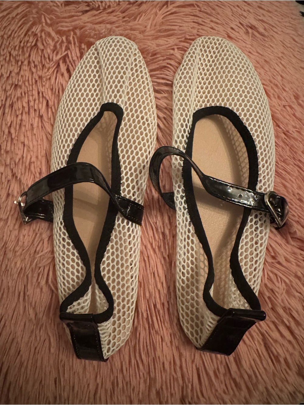 Women’s White Mesh Mary Jane Flats with Black Trim